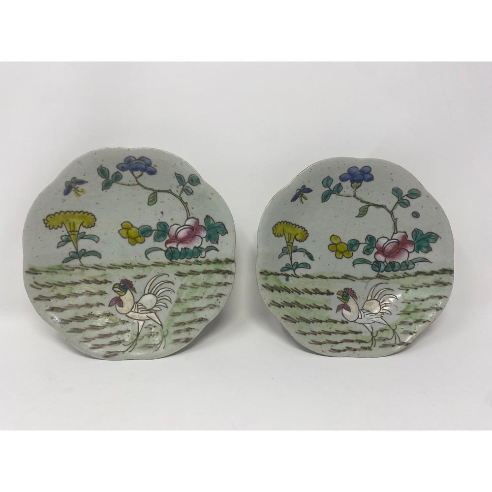 Antique Handmade Handpainted Earthenware China Rooster Set of Bowls Plates 7”